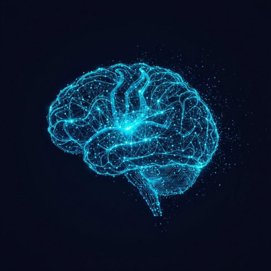 Um cerebro desenhado inteiramente como uma rede neural artificial: nos luminosos ligados por conexoes com pesos diferentes, intensas no centro e se dissolvendo em particulas na borda, com a metade de baixo virando circuito.