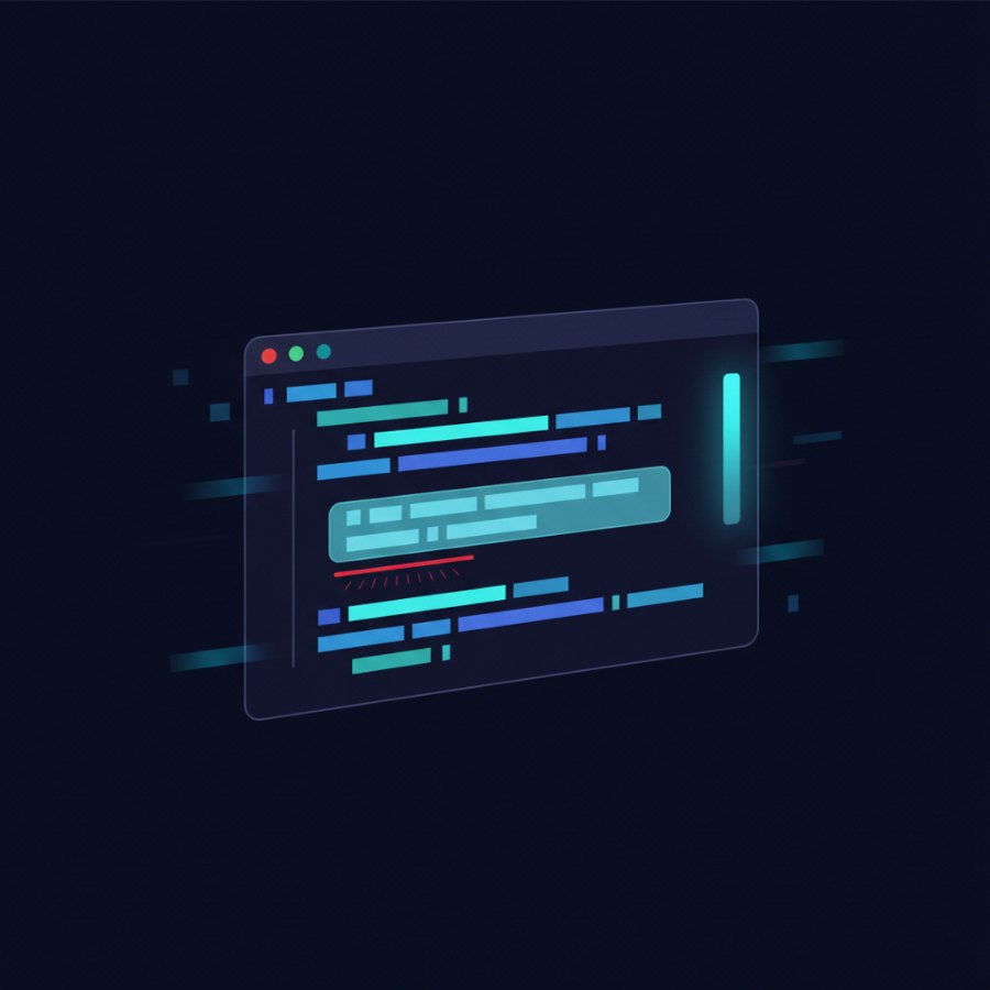 An abstract code editor window with one line marked in red and an agent panel glowing beside it.